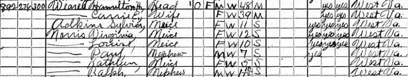 1920 Kanawha County, WV Census - Hamilton and Carrie Adkins Weare