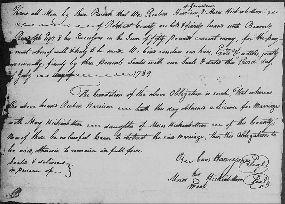 Marriage License of Reuben Harrison & Mary Higgenbotham 3 July 1789