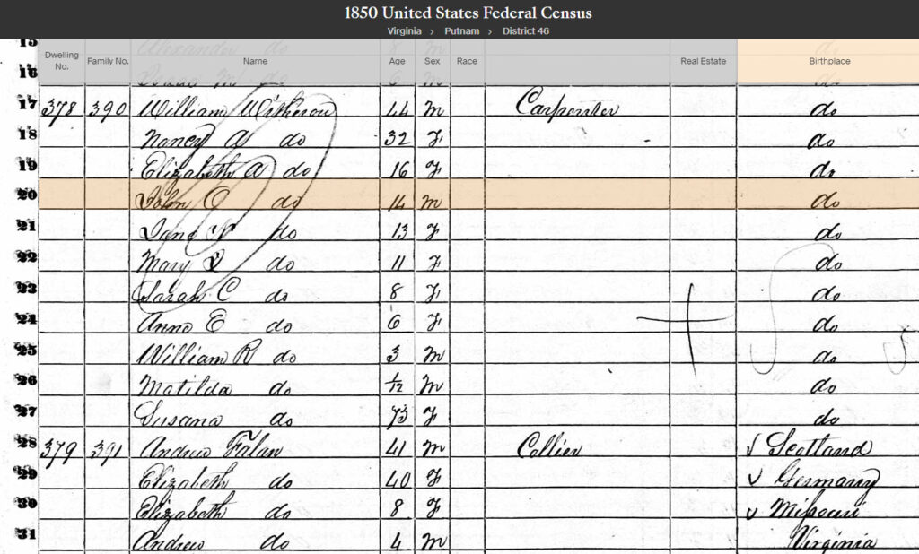 1850 Putnam Census showing William Withrow (Jr) and Andrew Phalen.