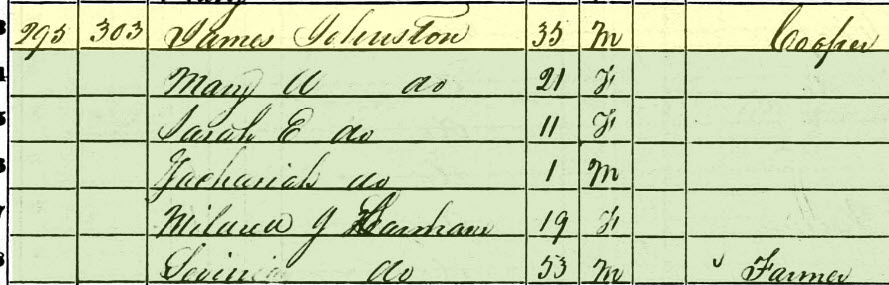 1850 Putnam Census for James Johnston